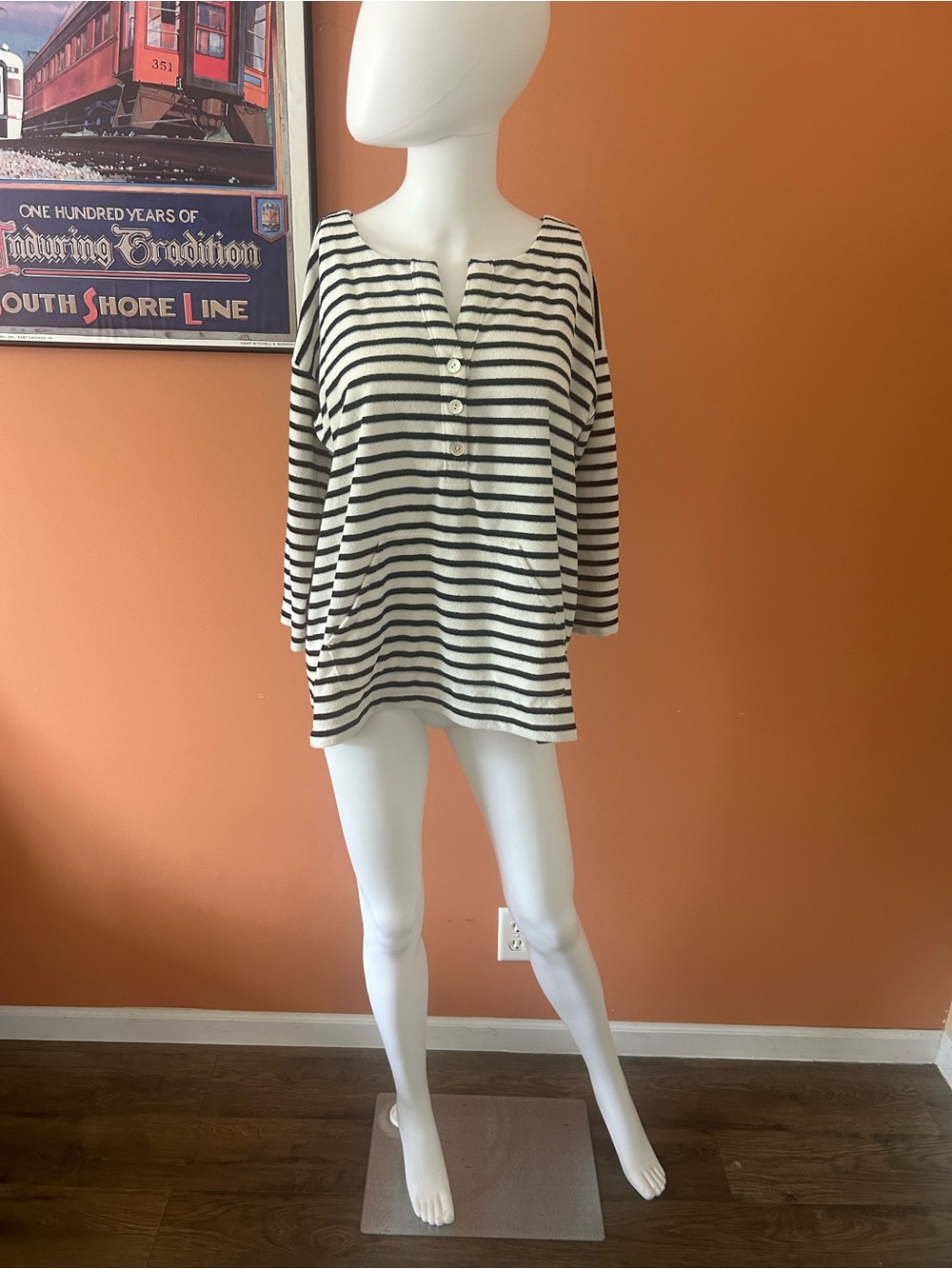 J JILL women’s black and white striped terry henley top